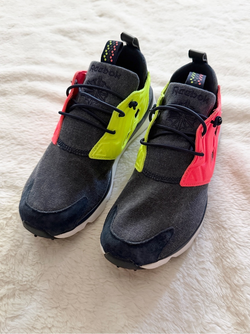 Reebok Furylite Asymmetrical Neon Colorblock Sneakers Size 8 Blue Pink Yellow